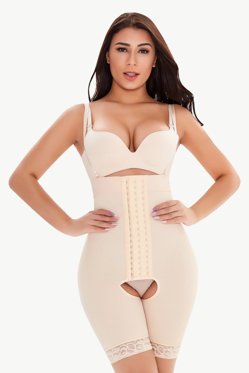 Full Size Hook-and-Eye Lace Trim Shaping Bodysuit Apricot