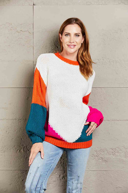 Color Block Round Neck Drop Shoulder Sweater White