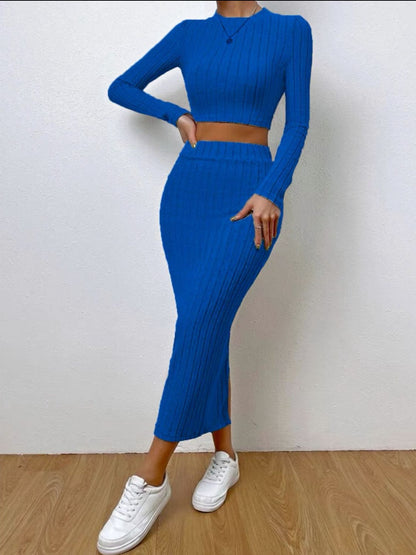 Long Sleeve Top and Wrap Skirt Set Royal Blue