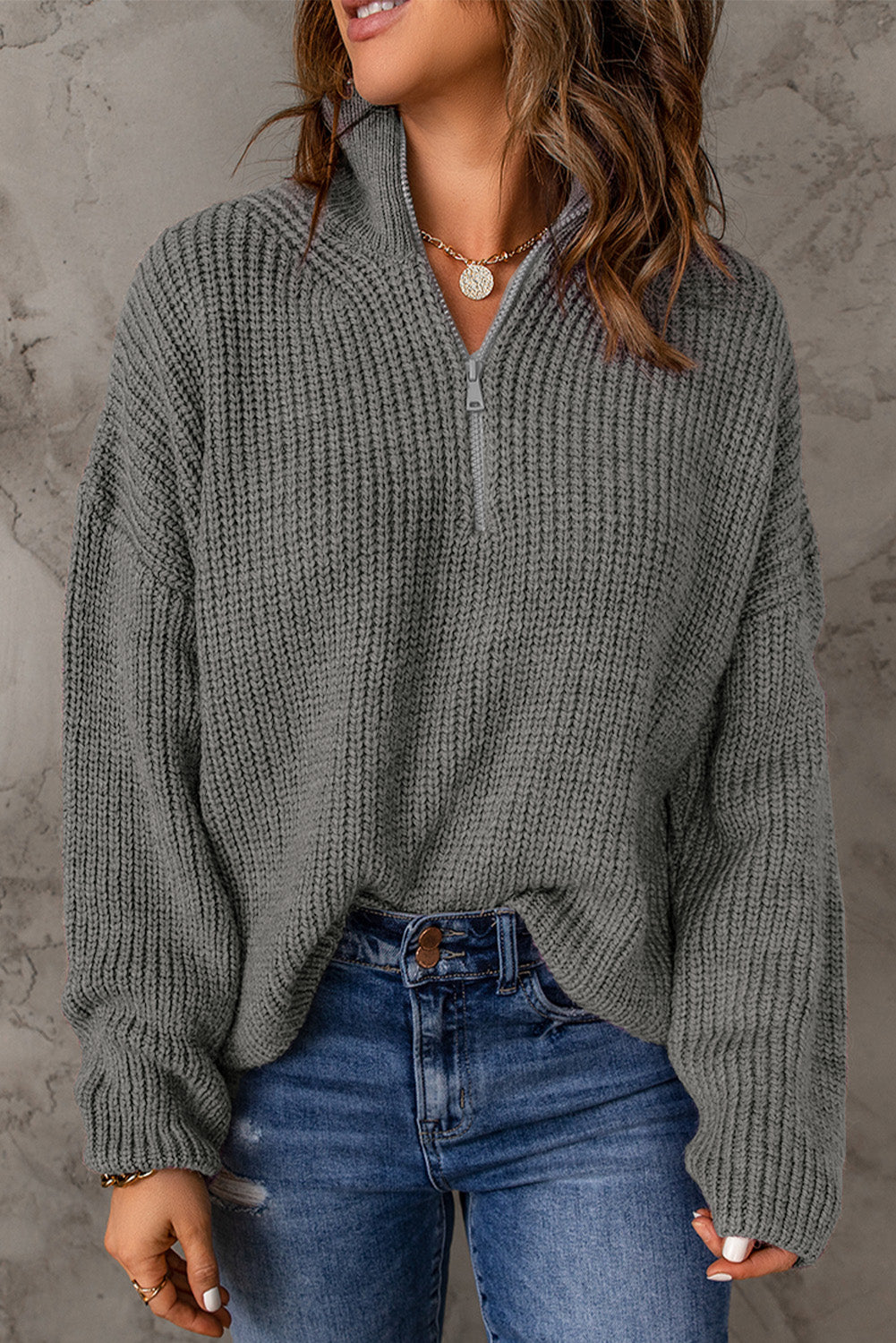 Woven Right Half Zip Rib-Knit Dropped Shoulder Sweater