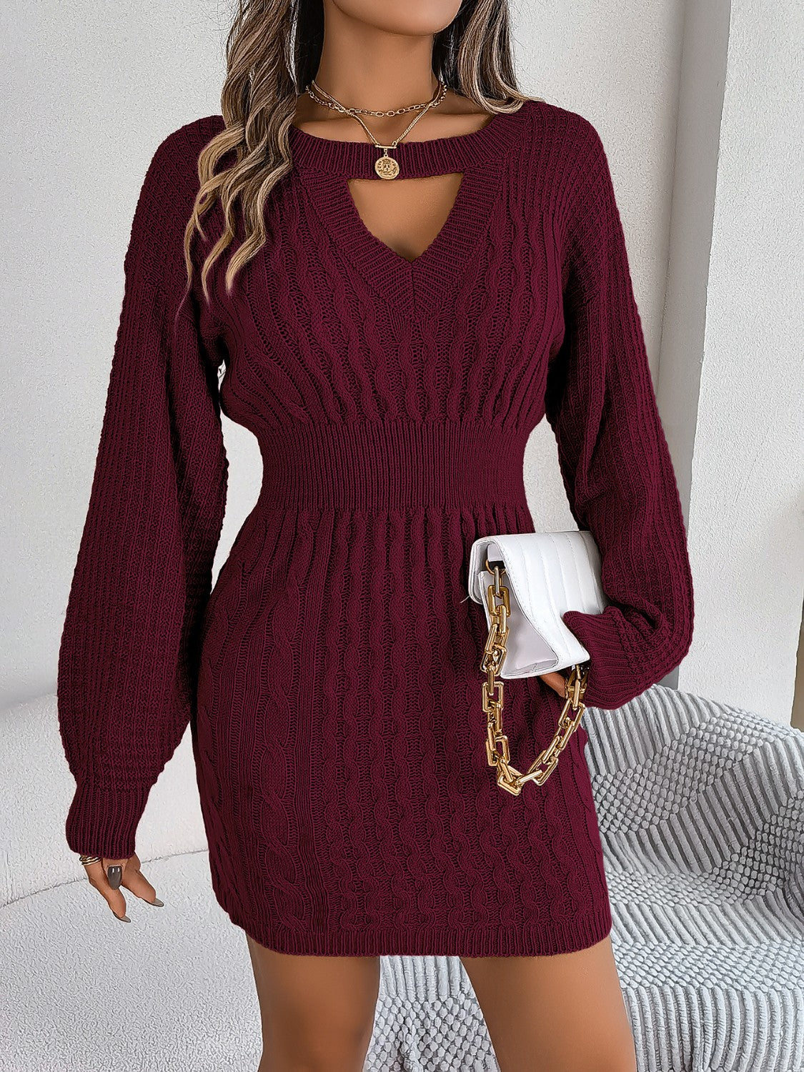 Cable-Knit Cutout Round Neck Slit Sweater Dress Wine