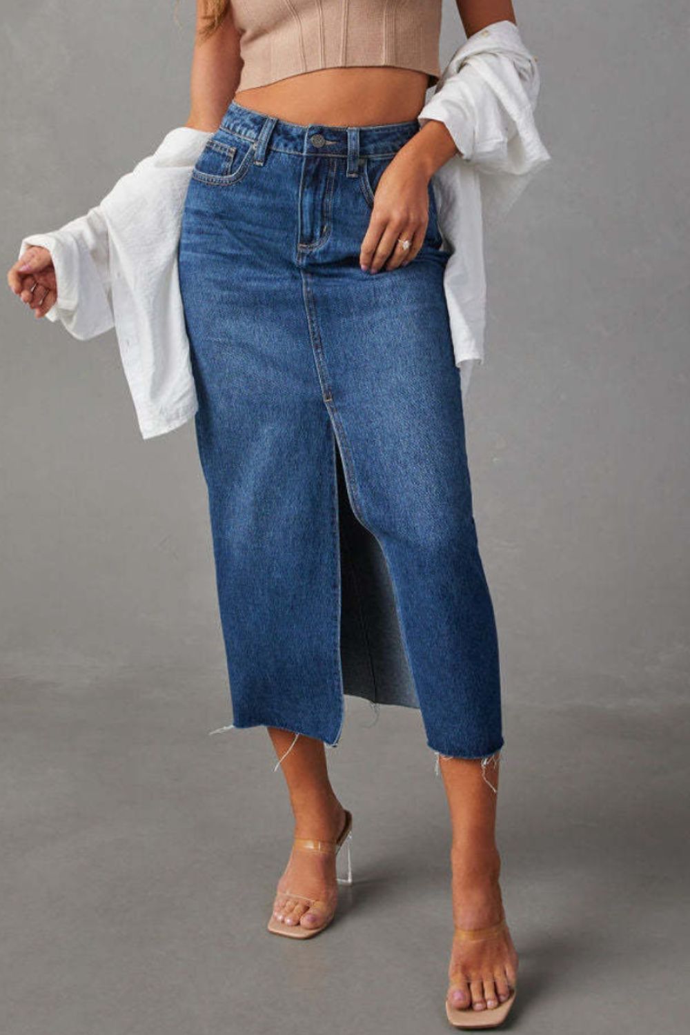 Slit Raw Hem Midi Denim Skirt Dark Blue