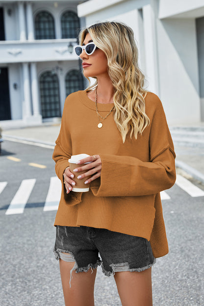 High-Low Slit Round Neck Long Sleeve Sweater Caramel