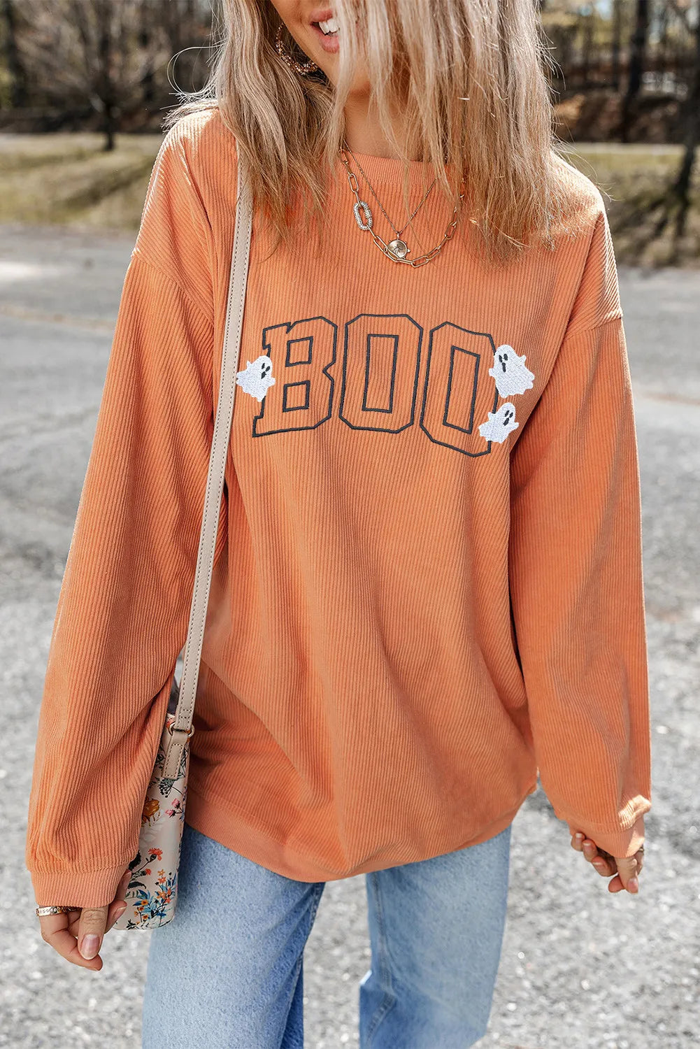 BOO Round Neck Long Sleeve Sweatshirt Sherbet