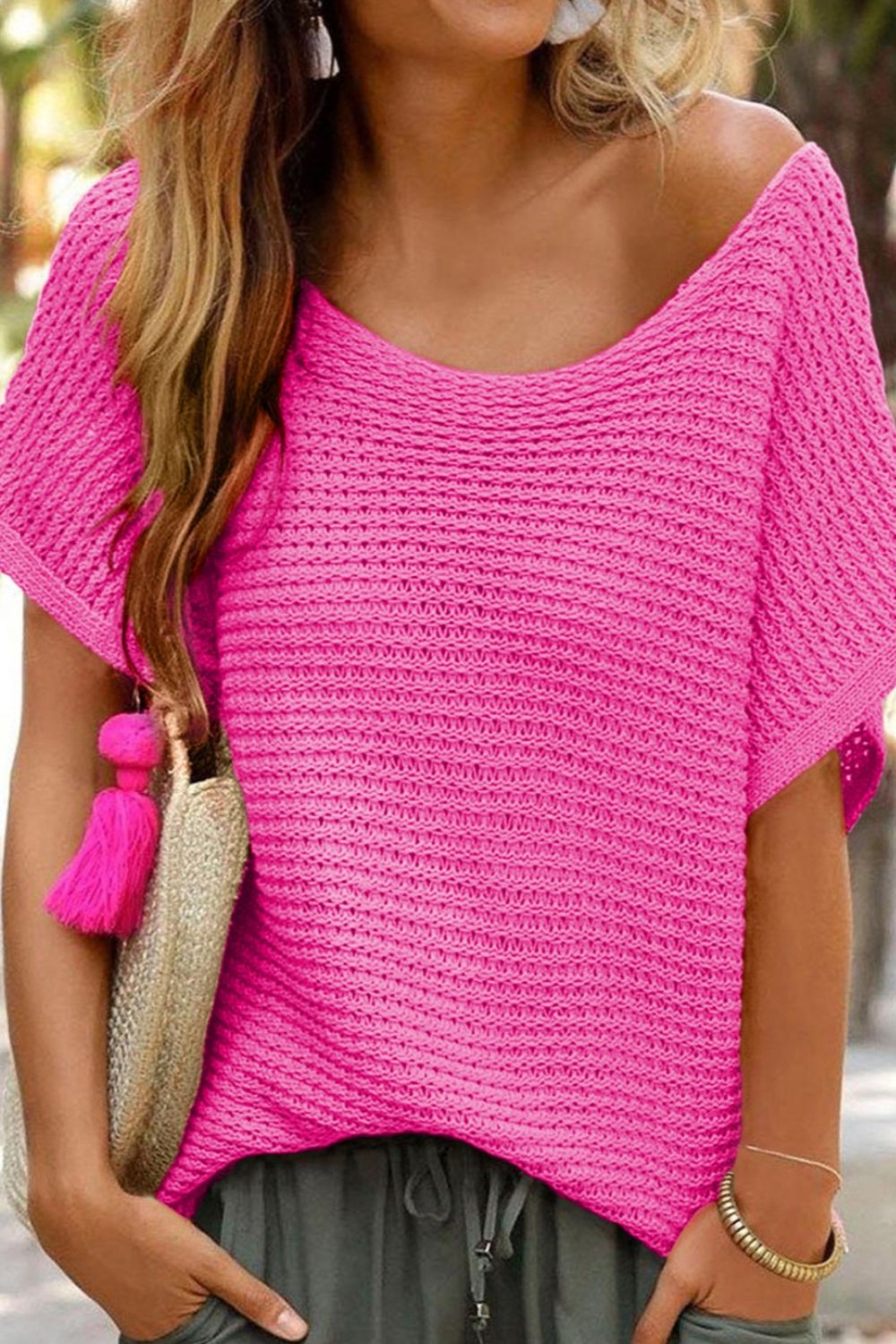 Boat Neck Short Sleeve Sweater Hot Pink