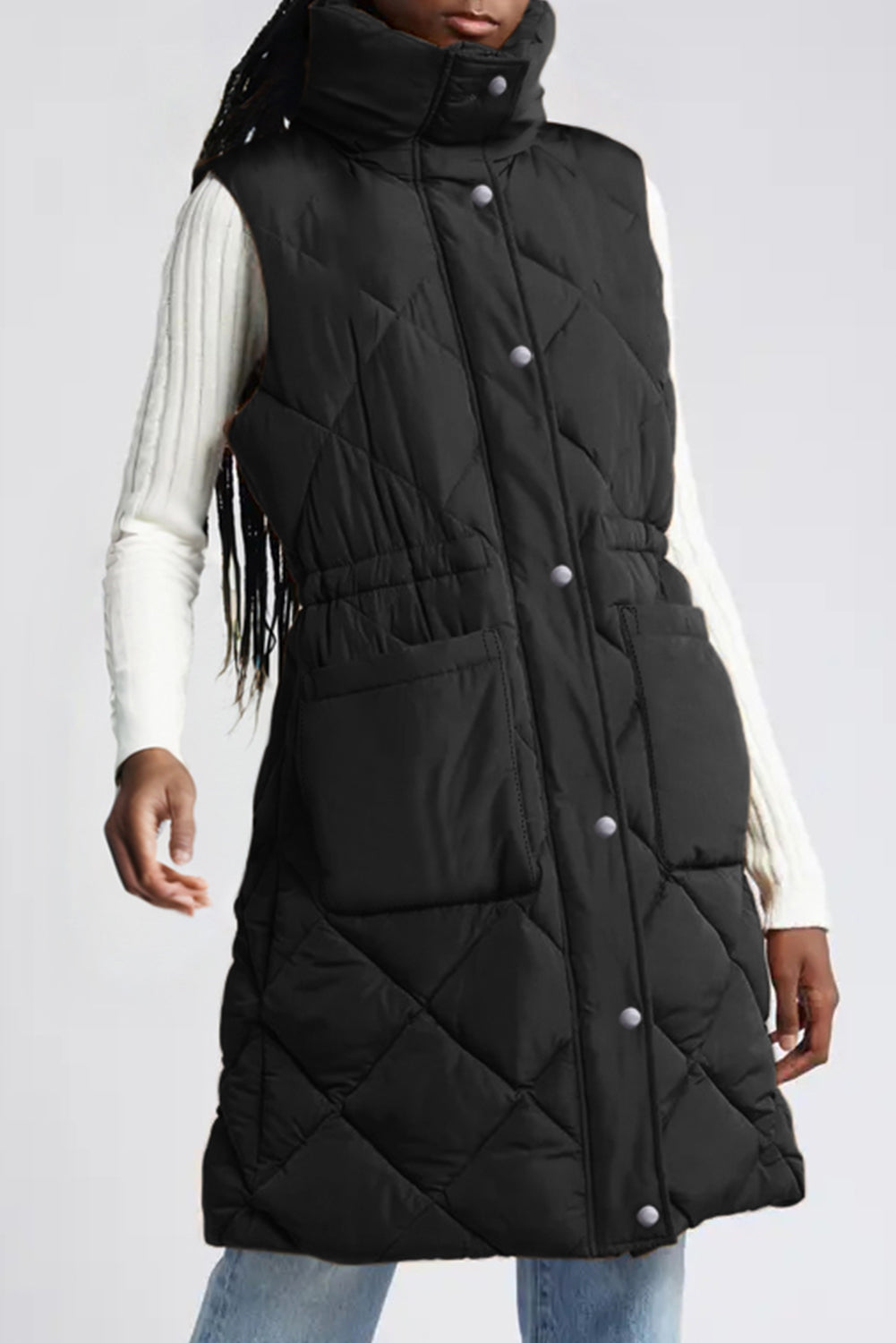 Black Longline Quilted Stand Collar Puffer Vest Black 100%Polyester