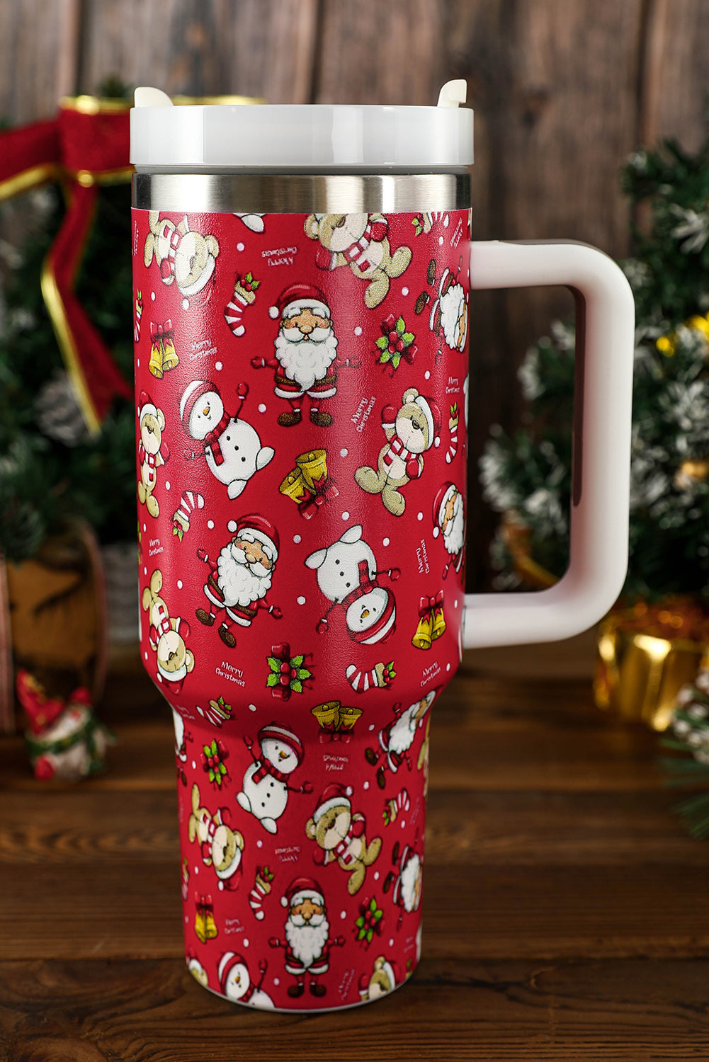 40oz Fiery Red Christmas Print Handled Stainless Steel Tumbler