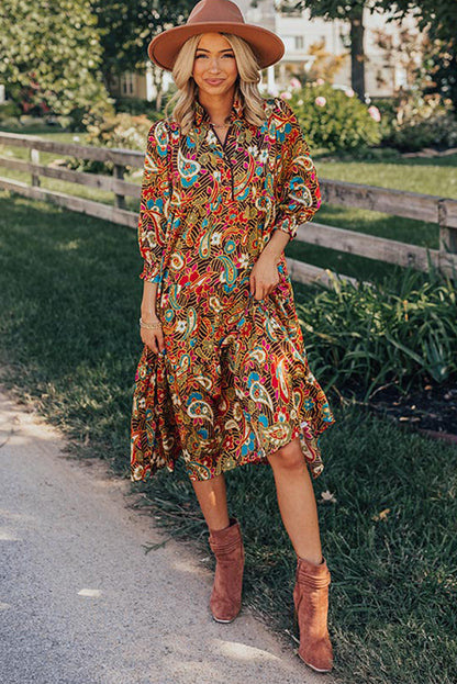 Yellow Paisley Mixed Print Collared 3/4 Sleeve Midi Dress