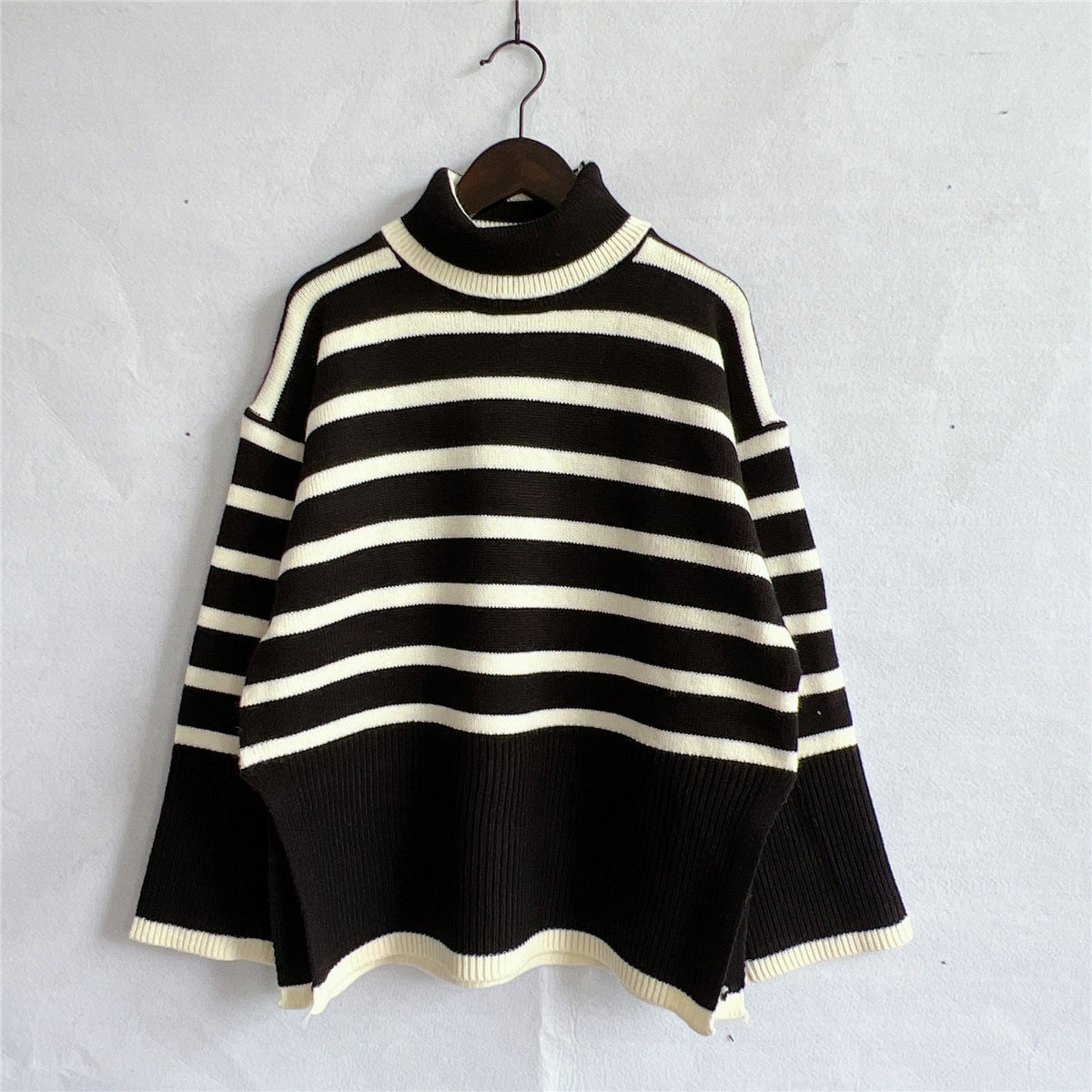 Striped Turtleneck Flare Sleeve Sweater Black