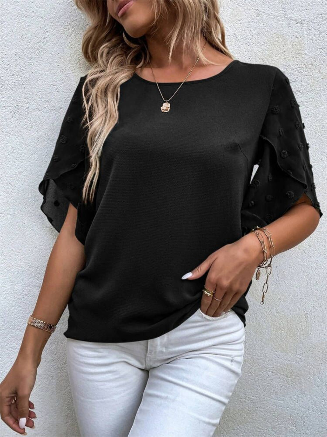 Swiss Dot Round Neck Half Sleeve Blouse - Thandynie