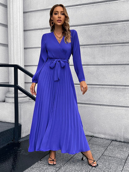 V-Neck Tie Waist Pleated Maxi Dress Royal Blue