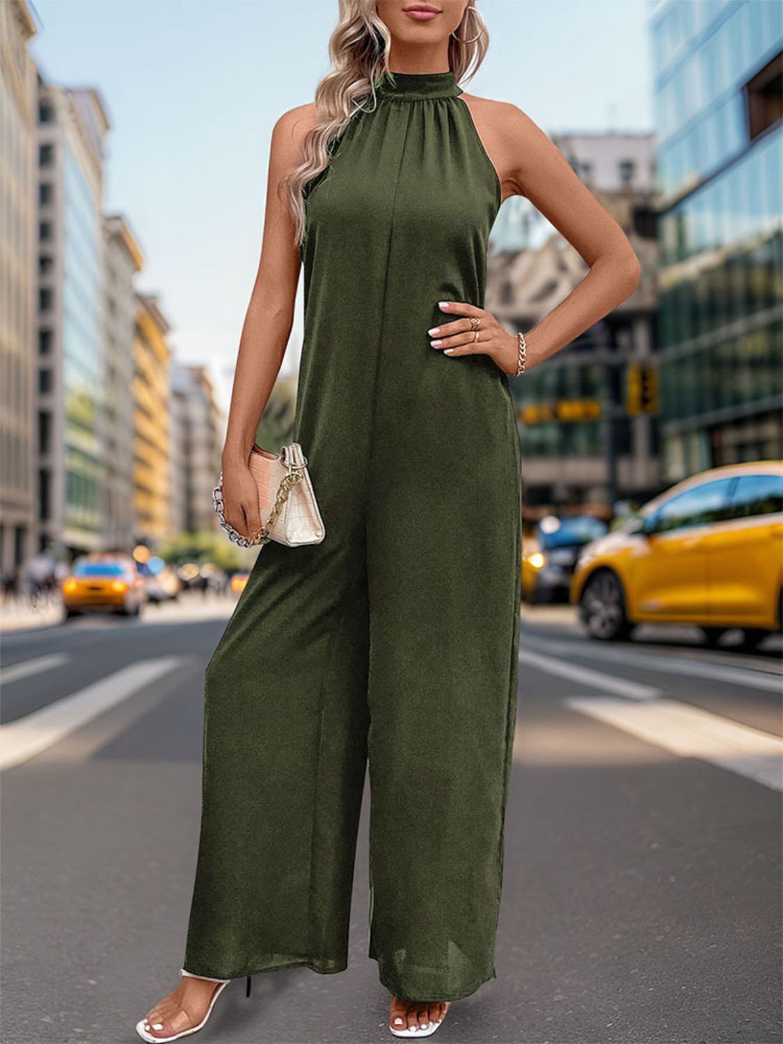 Tied Grecian Wide Leg Jumpsuit Dark Green