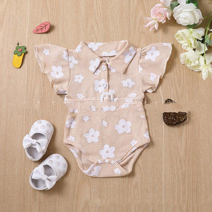 Girls' Multicolor Cotton Printed Flounced Sleeve Jumpsuit Apricot