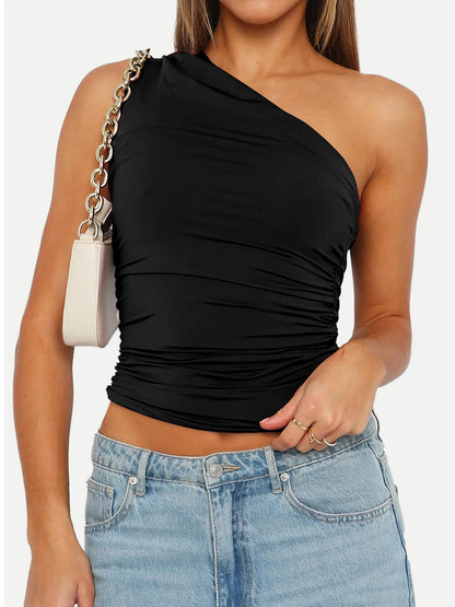 Ruched One Shoulder Tank Black