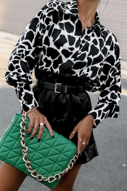 Printed Dropped Shoulder Lantern Sleeve Shirt Cow Print