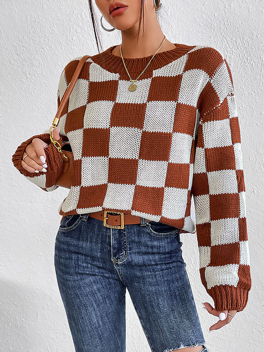 Checkered Round Neck Sweater Chestnut