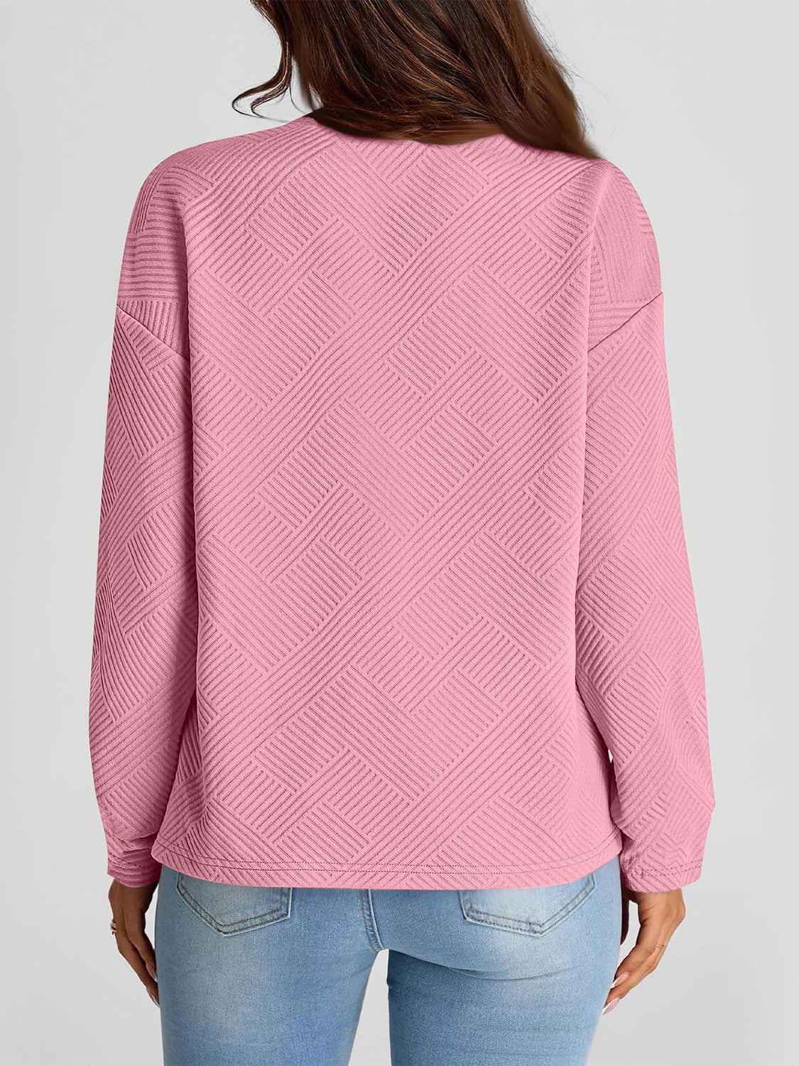 Full Size Texture Round Neck Long Sleeve Sweatshirt Pink