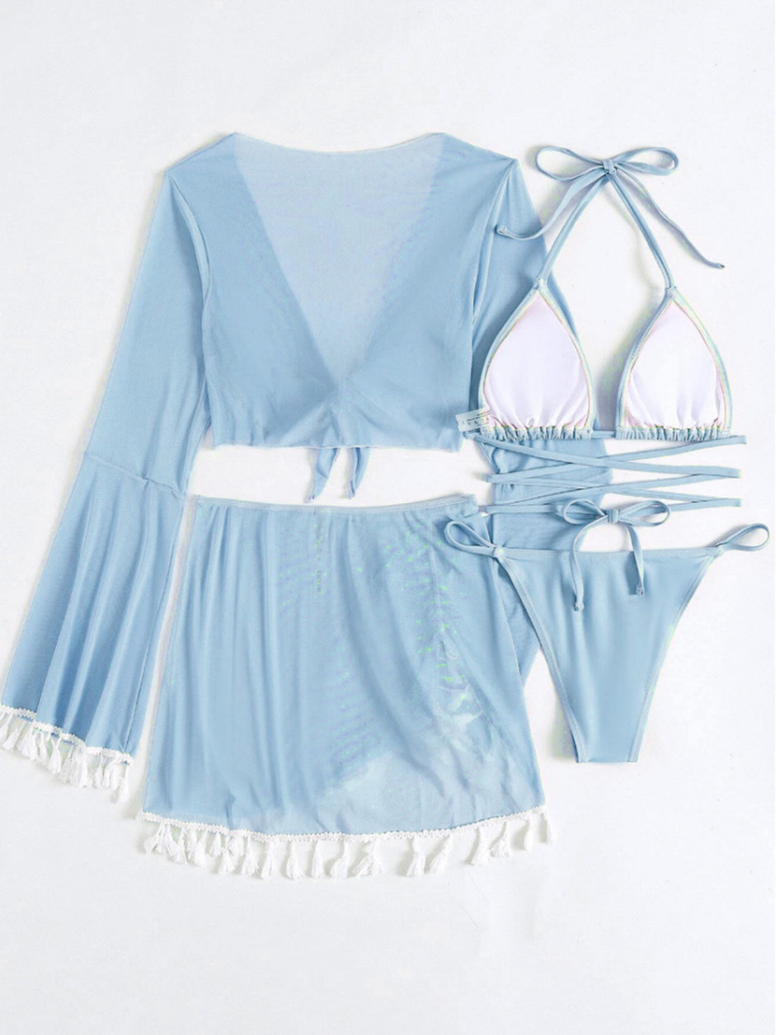 Halter Neck Bra, Bottom, Tassel Flare Sleeve Cover-Up and Skirt Four-Piece Swim Set - Thandynie