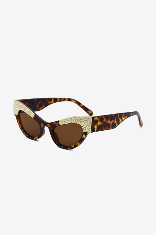 UV400 Rhinestone Trim Cat-Eye Sunglasses Brown One Size