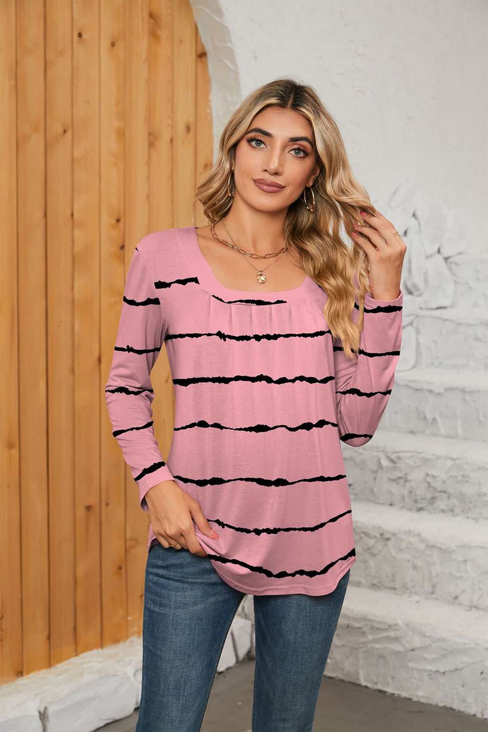 Printed Square Neck Long Sleeve Blouse Carnation Pink