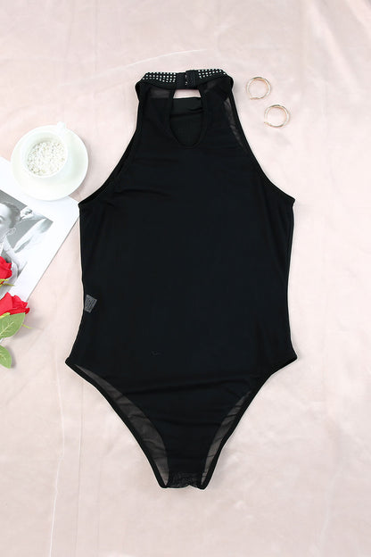 Black High Neck Sleeveless Diamante Bodysuit