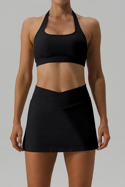 Halter Neck Tank and Slit Skirt Active Set Black