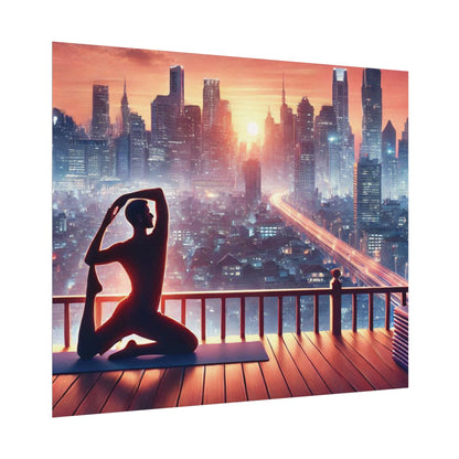 Yoga Poster, Cityscape Sunset Art, Rolled Wall Art, Pink Orange Skyline Decor, Urban Zen Meditation, Rooftop Exercise Print, Relaxation Gift