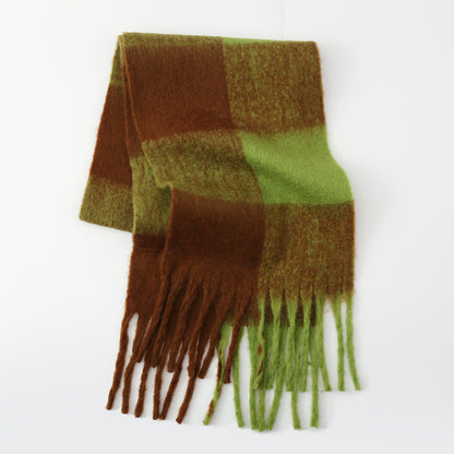 Fringe Contrast Plaid Polyester Scarf Olive Brown One Size