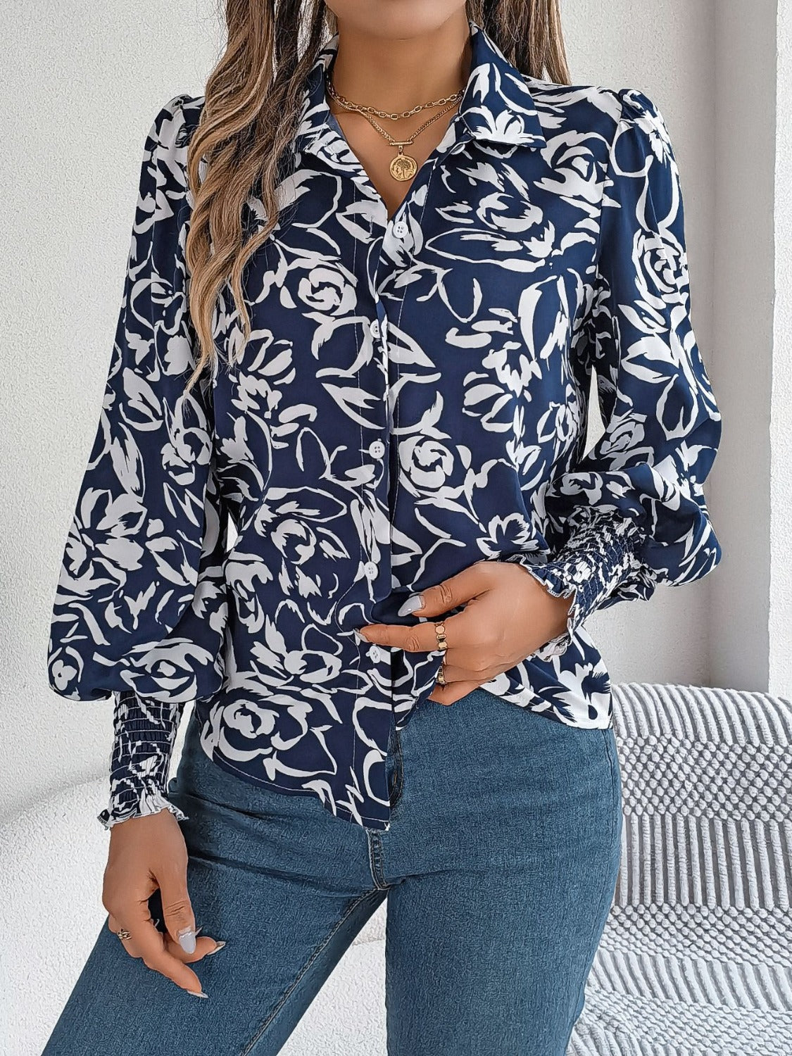 Printed Collared Neck Lantern Sleeve Shirt - Thandynie