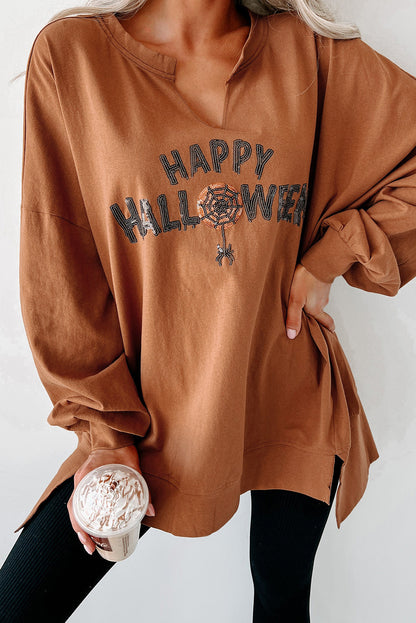 Chestnut Sequin Happy Halloween Graphic Notched Neck Long Sleeve Loose Top Chestnut 70%Polyester+30%Cotton