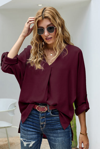 V-Neck Roll-Tab Sleeve Blouse Wine