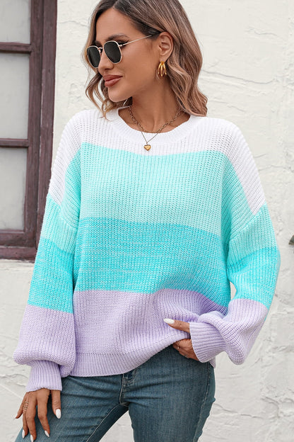 Round Neck Color Block Ribbed Pullover Sweater Turquoise