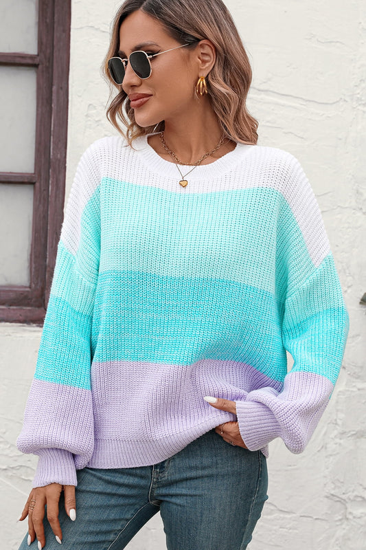 Round Neck Color Block Ribbed Pullover Sweater Turquoise