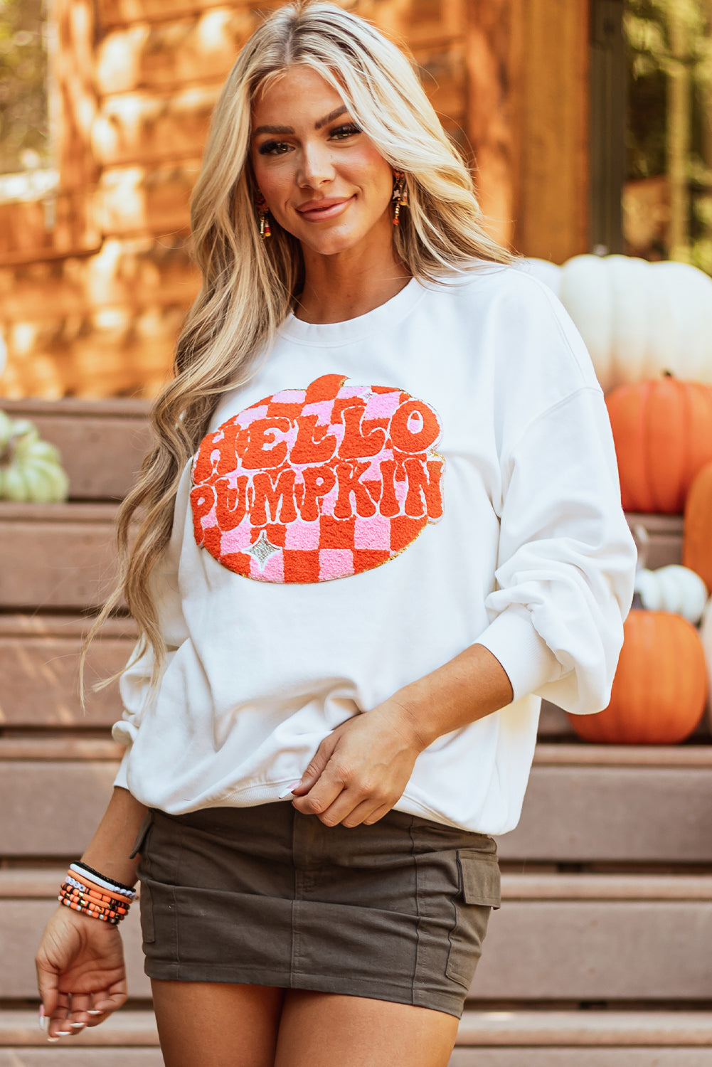 White Terry Halloween Pumpkin Patched Pattern Pullover Sweatshirt