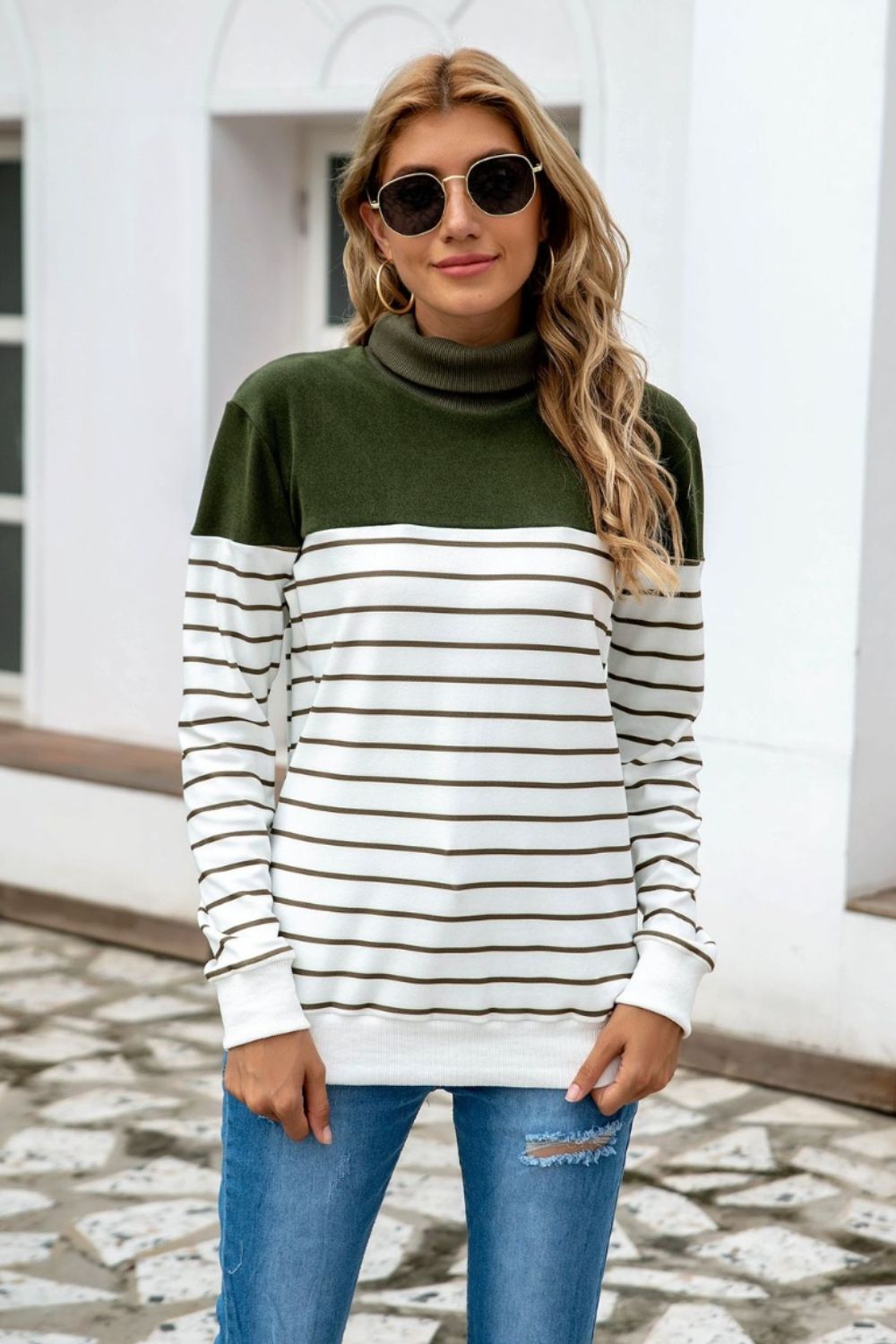 Striped Contrast Turtleneck Sweater Army Green