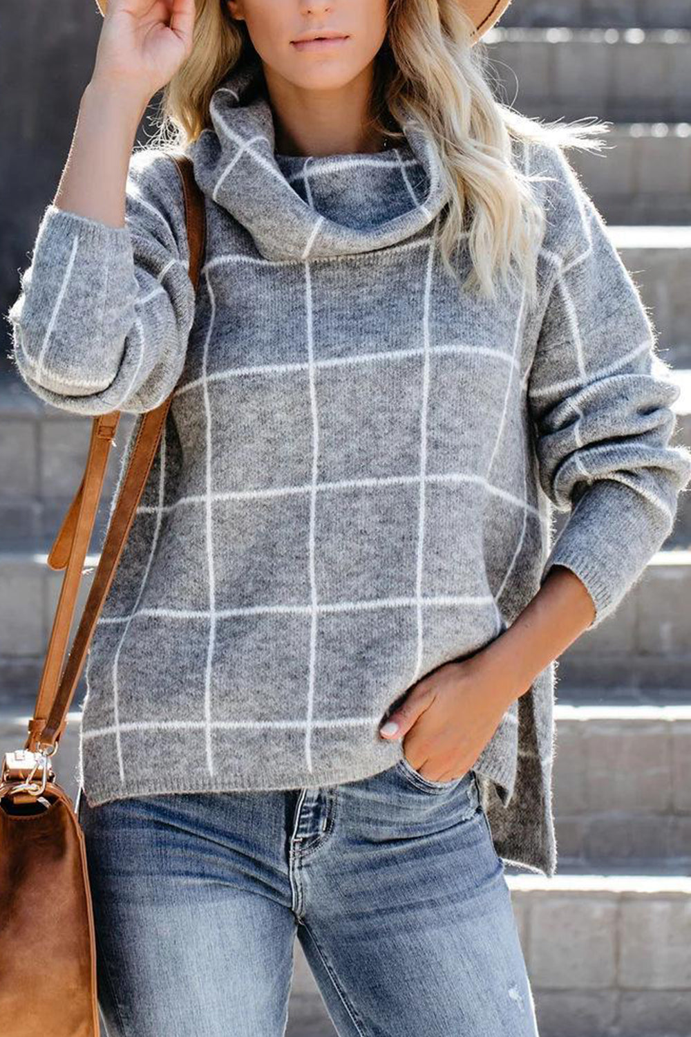 Plaid Turtleneck Drop Shoulder Sweater Charcoal