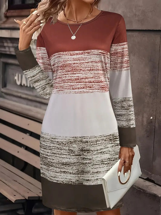 Color Block Round Neck Long Sleeve Dress Brown