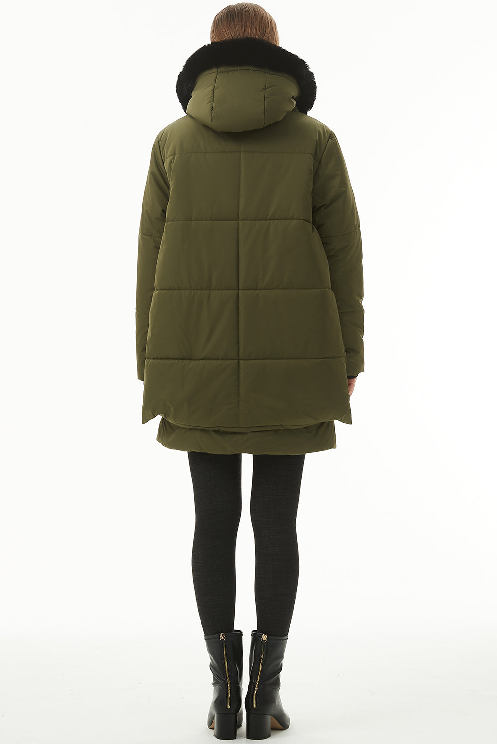 Jungle Green Plush Linen Zip Up Hooded Puffer Coat