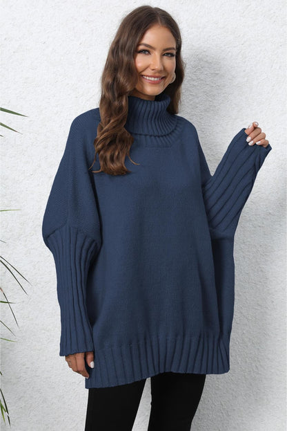 Turtle Neck Long Sleeve Ribbed Sweater Dark Blue One Size