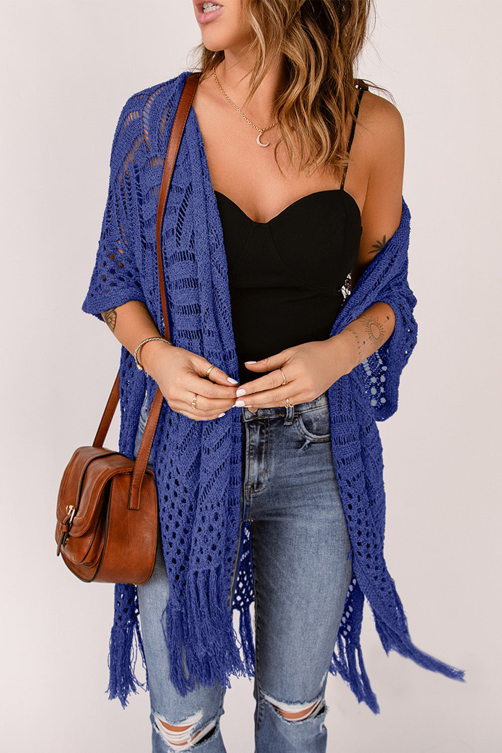 Openwork Open Front Cardigan with Fringes Dark Blue One Size