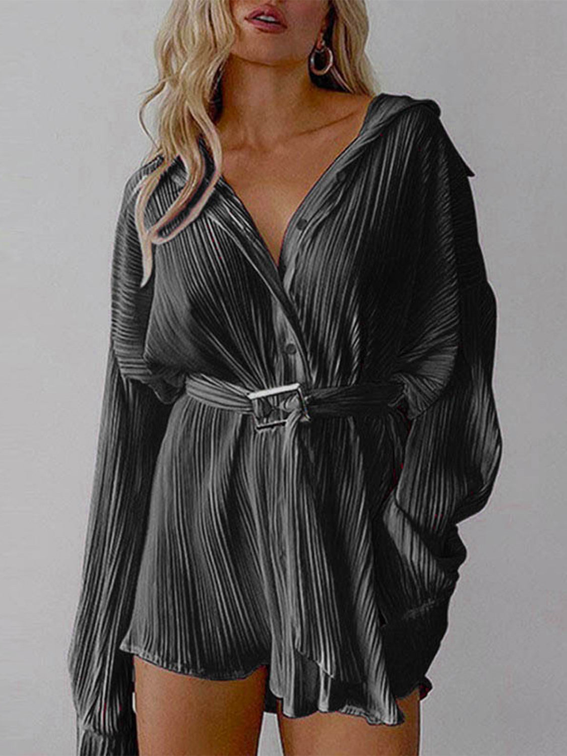 Button Up Dropped Shoulder Shirt Dress Dark Gray