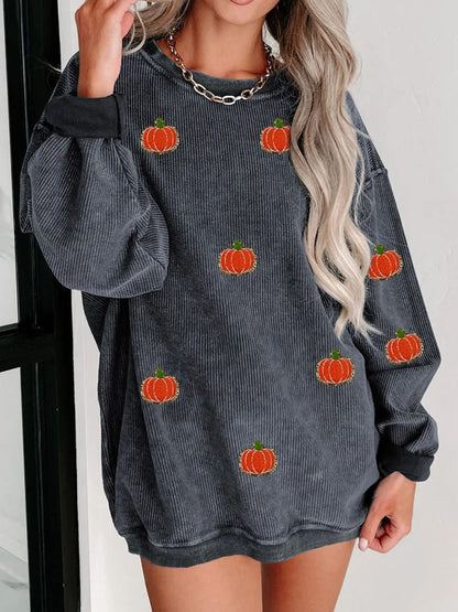 Pumpkin Round Neck Long Sleeve Sweatshirt Dark Gray