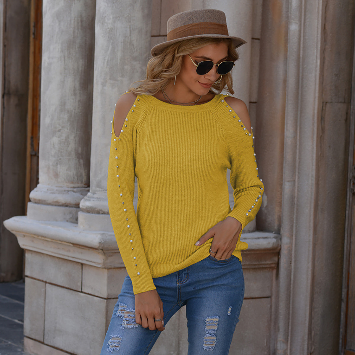 Pearl Patchwork Cold Shoulder Sweater Banana Yellow