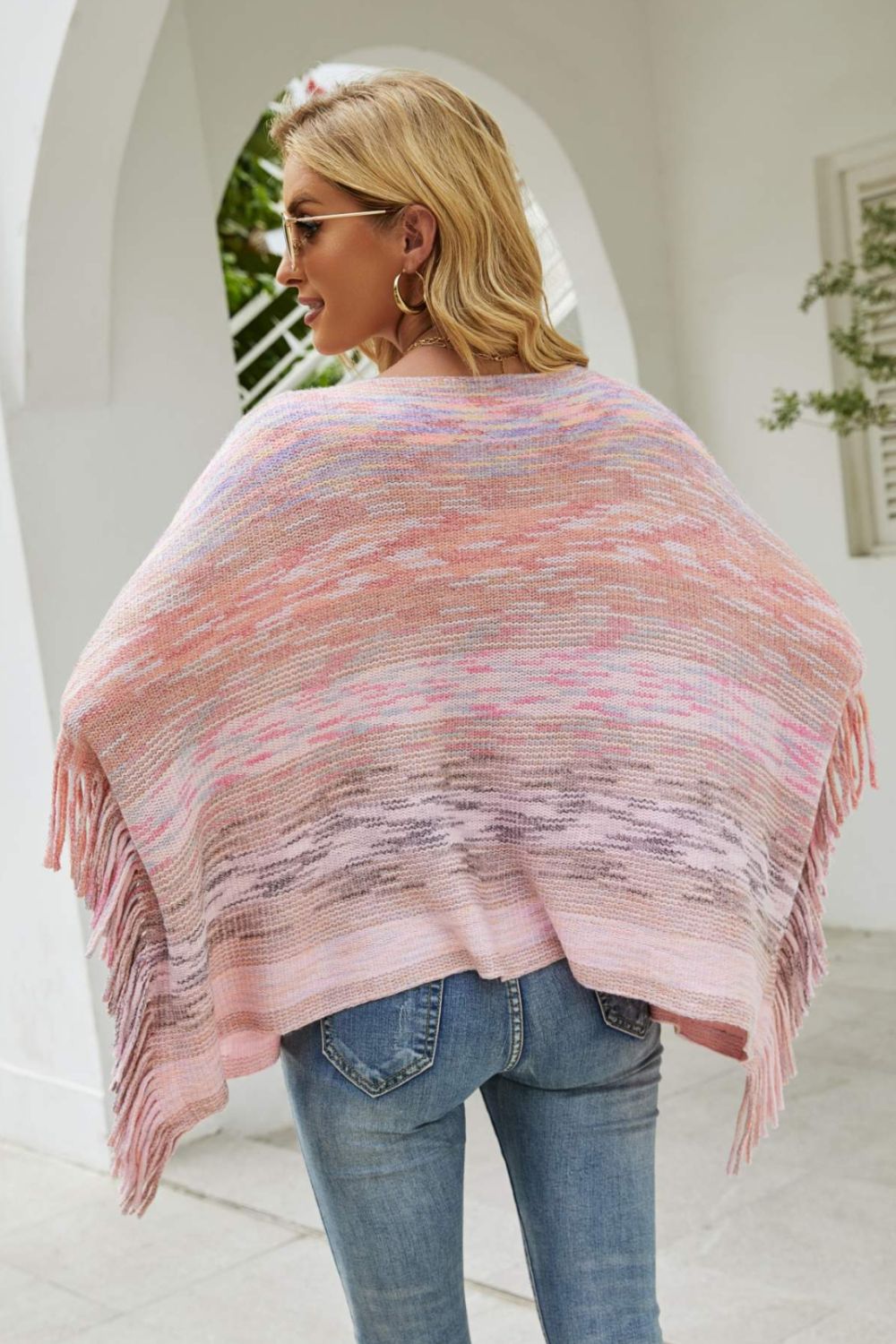 Round Neck Fringe Detail Poncho - Thandynie