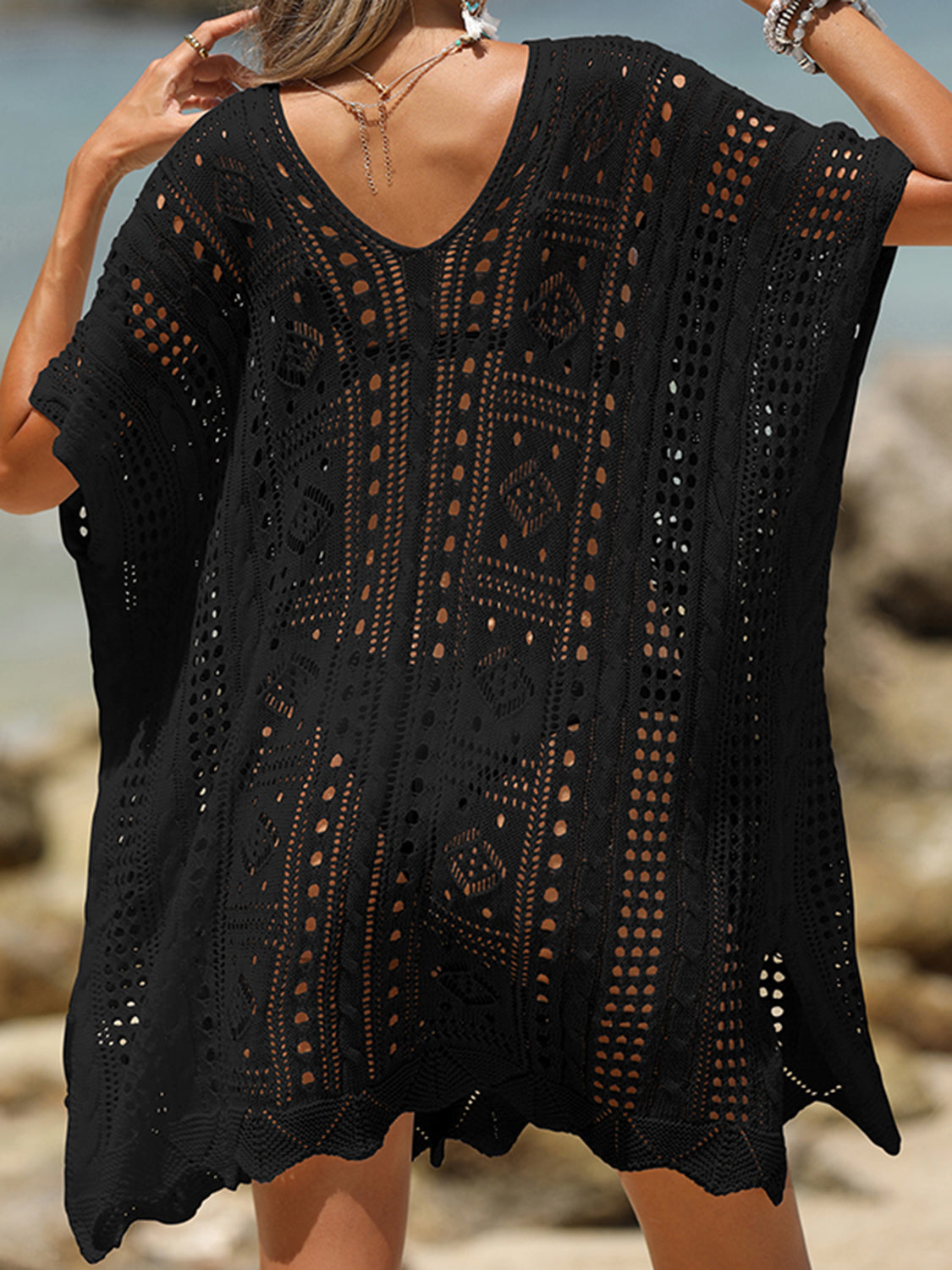 Openwork Half Sleeve Cover-Up Black One Size