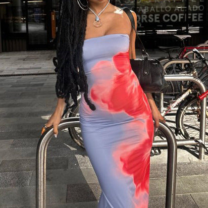 Slim Slit Tube Long Dress Summer Sexy Pint Party Beach Dresses Women's Clothing Contrast Color