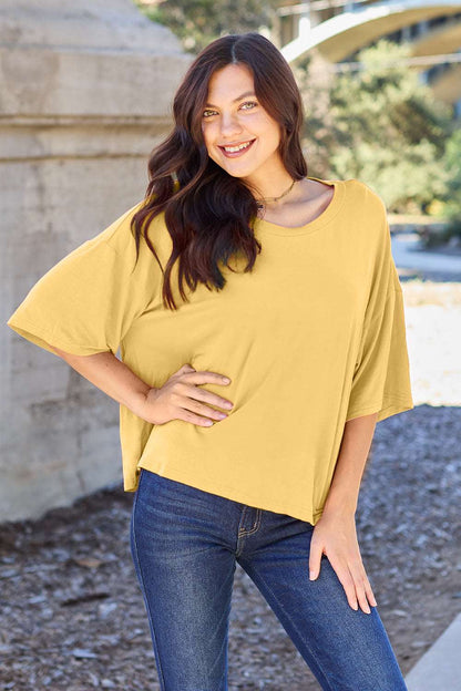 Basic Bae Bamboo Full Size Round Neck Drop Shoulder T-Shirt Yellow