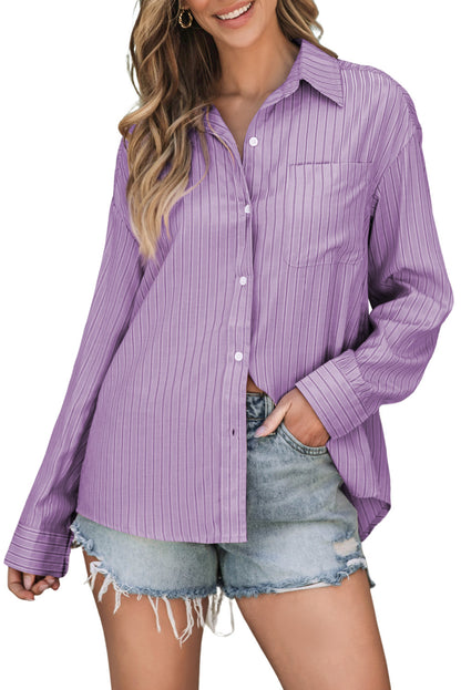 Striped Button Up Long Sleeve Shirt Lilac