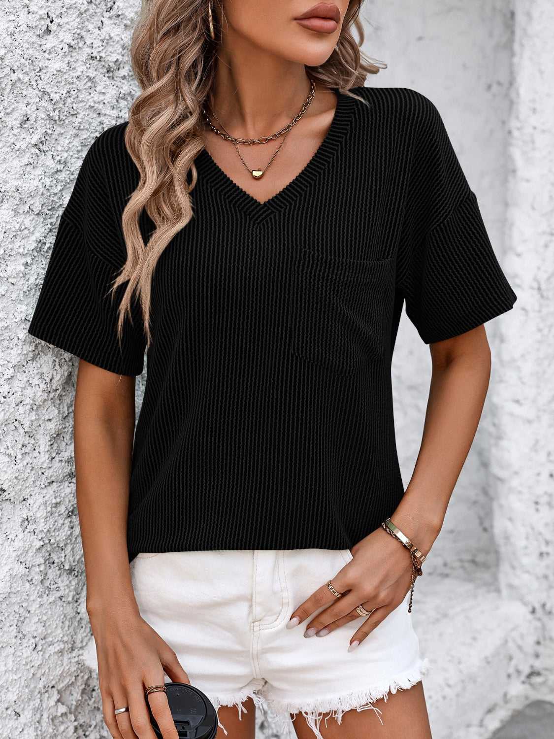 V-Neck Dropped Shoulder T-Shirt Black