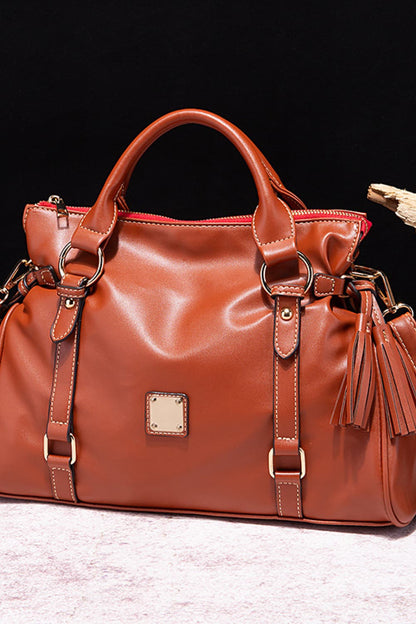 PU Leather Handbag with Tassels Brown One Size